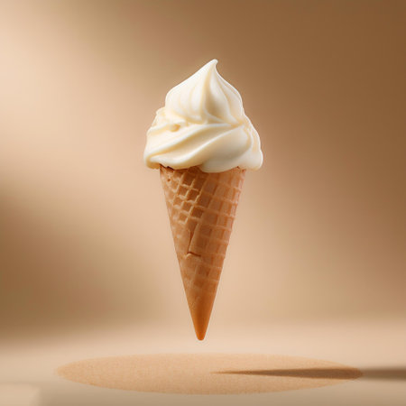 Ice cream cone floating or flying isolated on biege background