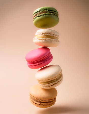 Macarons floating or flying isolated on biege backgroundの写真素材
