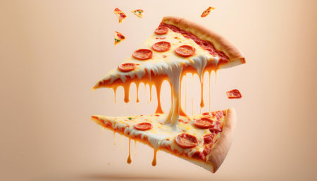Pizza slices with melted cheese and tomato sauce floating or flying isolated on biege backgroundの写真素材
