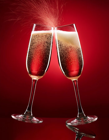 a pair of champagne glasses making a toast isolated on red backgroundの写真素材