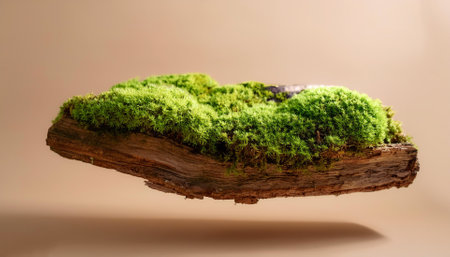 Green moss on tree rotten stump floating or flying isolated on biege backgroundの写真素材