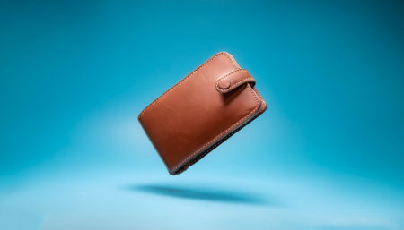 Leather wallet floating or flying isolated on light blue background