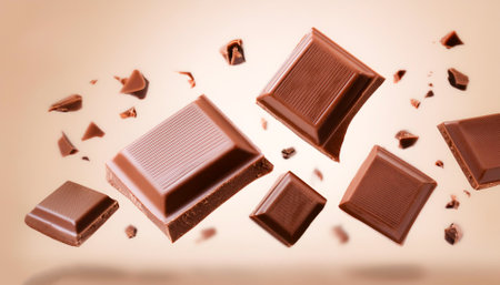 Milk chocolate pieces floating or flying isolated on biege backgroundの写真素材