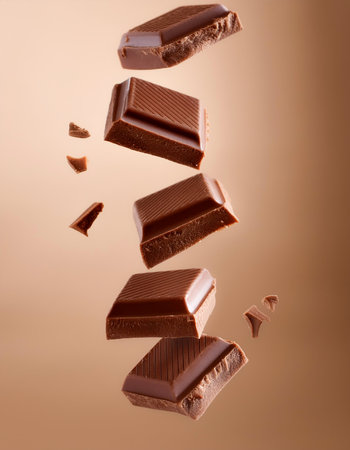 Milk chocolate pieces floating or flying isolated on biege backgroundの写真素材