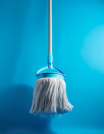 a mop bucket floating or flying isolated on light blue backgroundの写真素材