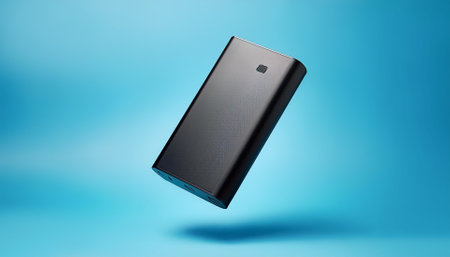 Powerbank floating or flying isolated on light blue background