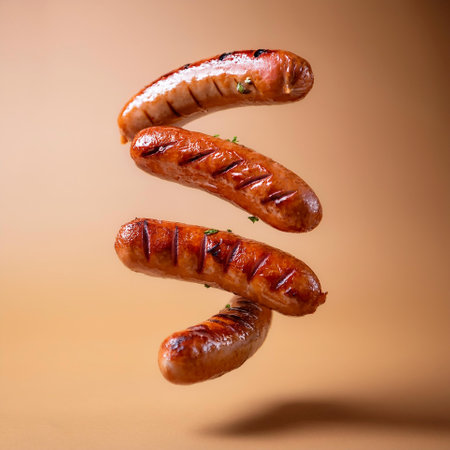 grilled sausages floating or flying isolated on biege backgroundの写真素材