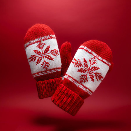 Pair of cozy knitted mittens in red and white, featuring a traditional snowflake pattern, perfect for winter warmth and festive Christmas wear floating or flying isolated on Clean Redの写真素材