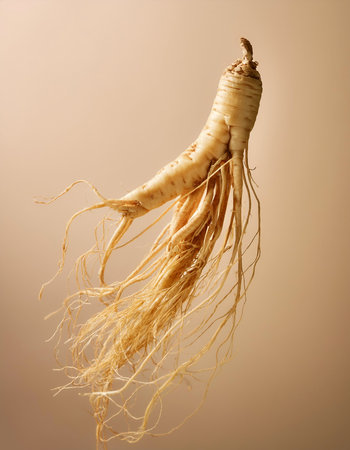 ginseng floating or flying isolated on biege backgroundの写真素材