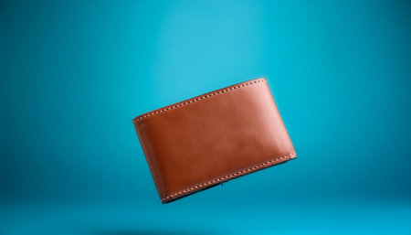 Leather wallet floating or flying isolated on light blue backgroundの写真素材