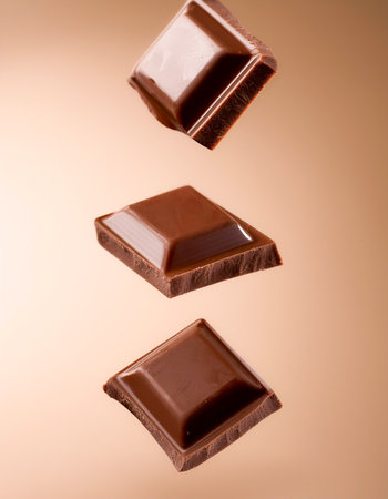Milk chocolate pieces floating or flying isolated on biege backgroundの写真素材