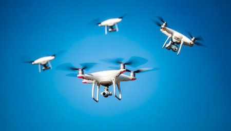 Drones floating or flying isolated on light blue background