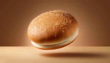 hamburger bread bun floating or flying isolated on beige backgroundの写真素材