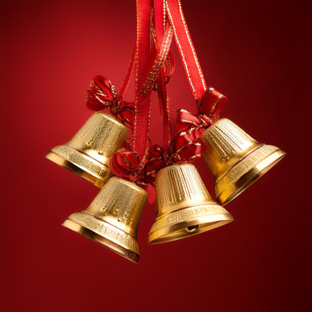 golden bells with red ribbons hanging from them floating or flying isolated on Clean Red backgroundの写真素材