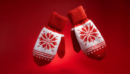 Pair of cozy knitted mittens in red and white, featuring a traditional snowflake pattern, perfect for winter warmth and festive Christmas wear floating or flying isolated on Clean Redの写真素材