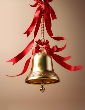 golden bells with red ribbons hanging from them floating or flying isolated on beige backgroundの写真素材