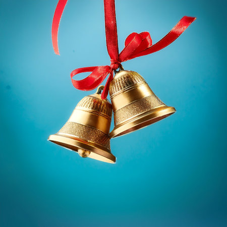 golden bells with red ribbons hanging from them floating or flying isolated on light blue backgroundの写真素材