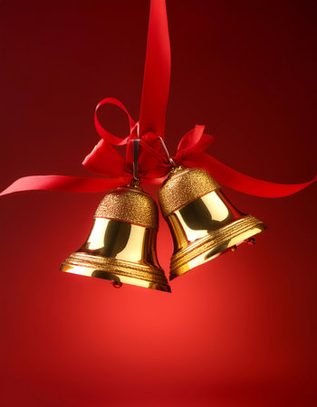 golden bells with red ribbons hanging from them floating or flying isolated on Clean Red backgroundの写真素材