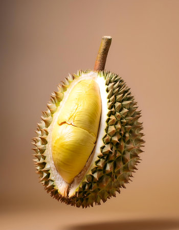 durian floating or flying isolated on biege backgroundの写真素材