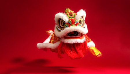 lion dance or barong sai, to celebrate lunar new year floating or flying isolated on Clean Red...