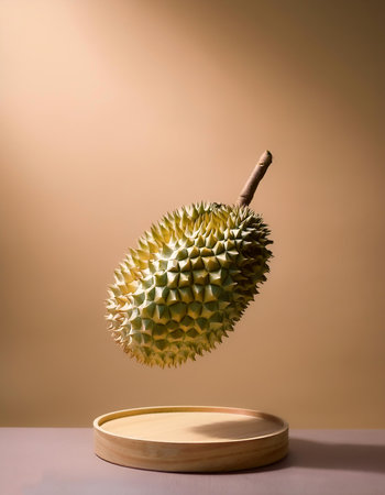 durian floating or flying isolated on biege backgroundの写真素材