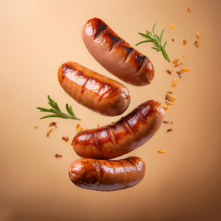 grilled sausages floating or flying isolated on biege backgroundの写真素材