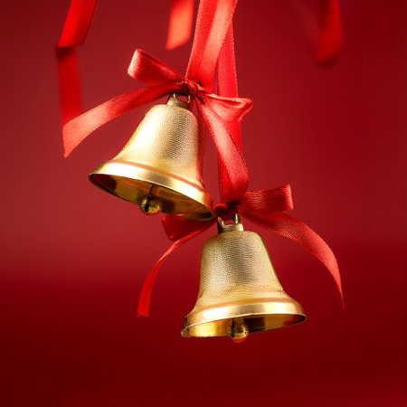 golden bells with red ribbons hanging from them floating or flying isolated on Clean Red backgroundの写真素材