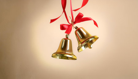 golden bells with red ribbons hanging from them floating or flying isolated on biege backgroundの写真素材