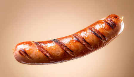 grilled sausages floating or flying isolated on biege backgroundの写真素材