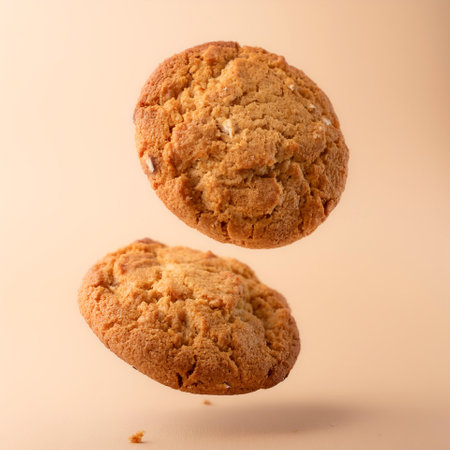 oatmeal cookies floating or flying isolated on biege backgroundの写真素材