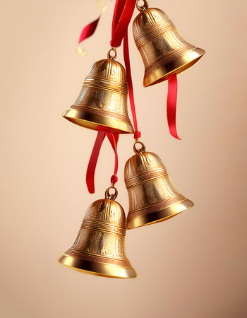 golden bells with red ribbons hanging from them floating or flying isolated on biege backgroundの写真素材