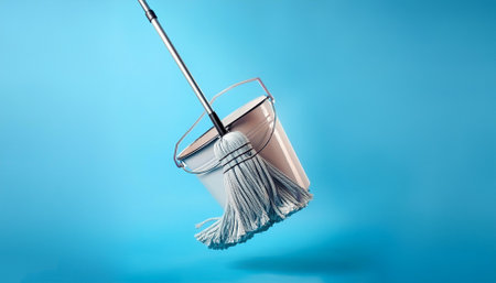 a mop bucket floating or flying isolated on light blue backgroundの写真素材