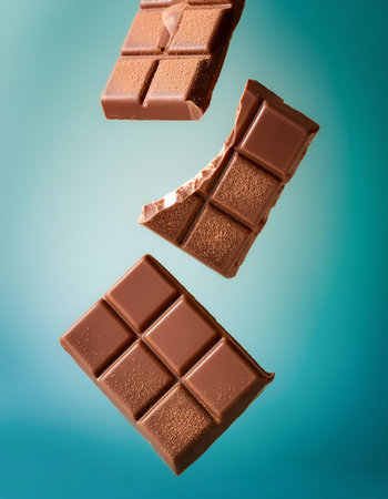 Milk chocolate pieces floating or flying isolated on biege backgroundの写真素材