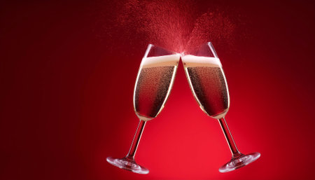 a pair of champagne glasses making a toast isolated on red backgroundの写真素材