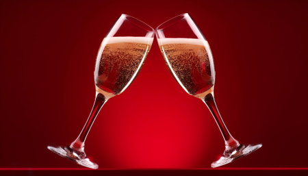 a pair of champagne glasses making a toast isolated on red backgroundの写真素材