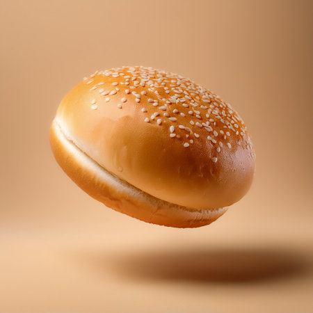 hamburger bread bun floating or flying isolated on biege backgroundの写真素材