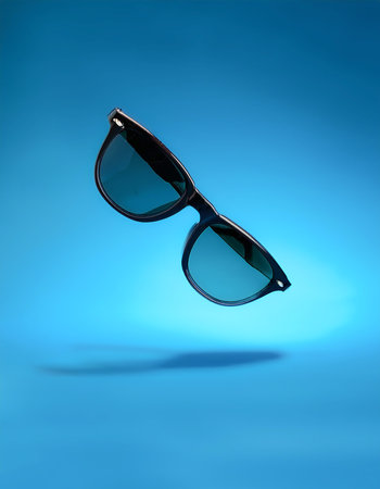 Sunglasses floating or flying isolated on light blue backgroundの写真素材