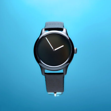 Black Smartwatch floating or flying isolated on light blue backgroundの写真素材