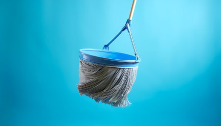 a mop bucket floating or flying isolated on light blue backgroundの写真素材