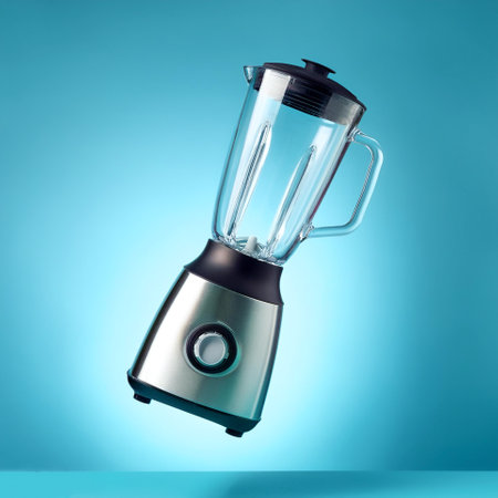 Blender floating or flying isolated on light blue backgroundの写真素材