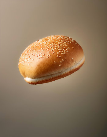 hamburger bread bun floating or flying isolated on biege backgroundの写真素材