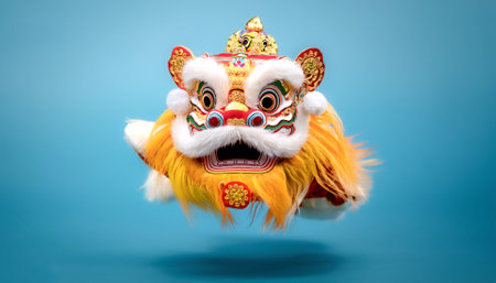 lion dance or barong sai floating or flying isolated on light blue backgroundの写真素材