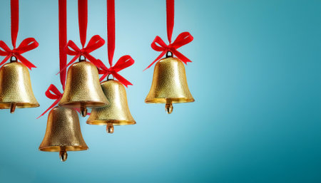 golden bells with red ribbons hanging from them floating or flying isolated on light blue backgroundの写真素材