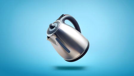 a electric kettle floating or flying isolated on light blue backgroundの写真素材