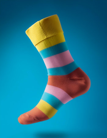 Colorful socks floating or flying isolated on light blue backgroundの写真素材