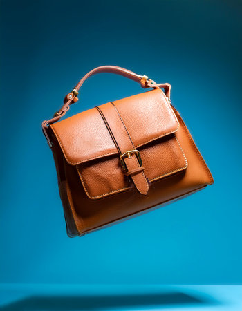 Leather handbag floating or flying isolated on light blue backgroundの写真素材