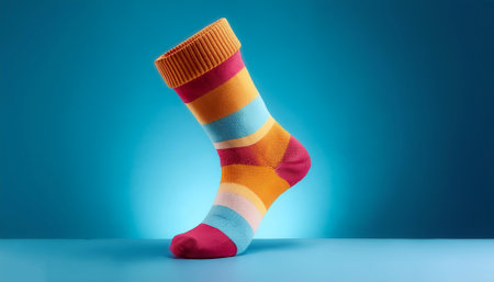 Colorful socks floating or flying isolated on light blue backgroundの写真素材