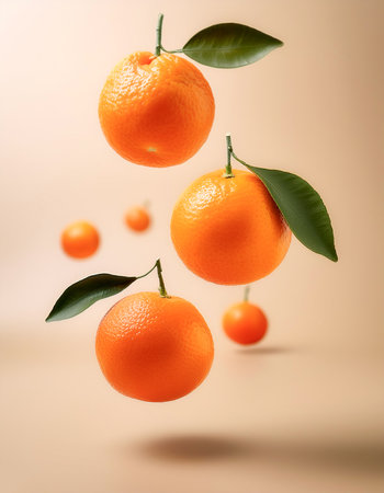 mandarin oranges floating or flying isolated on biege backgroundの写真素材