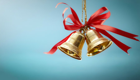 golden bells with red ribbons hanging from them floating or flying isolated on light blue background