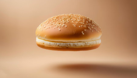 hamburger bread bun floating or flying isolated on biege backgroundの写真素材